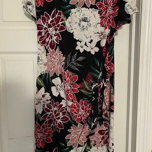 Robbie Bee Black Floral Wrap Dress with Red, Pink & White Blooms